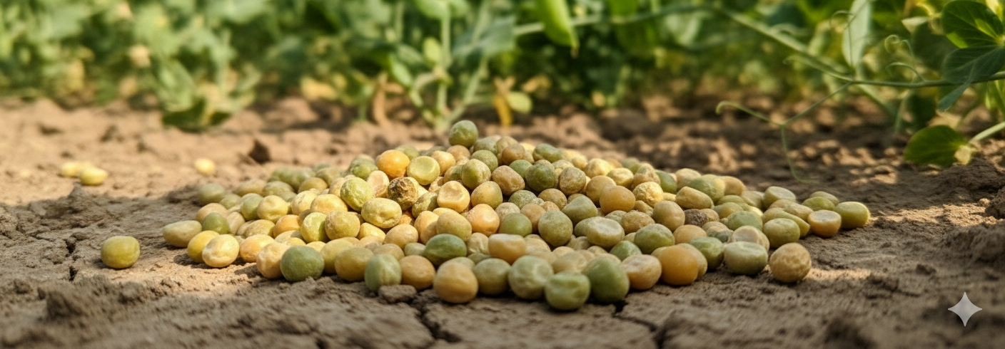 Pea seeds piled on cultivated soil with green pea plants in the background, high-quality pea seeds for agricultural planting and vegetable production.