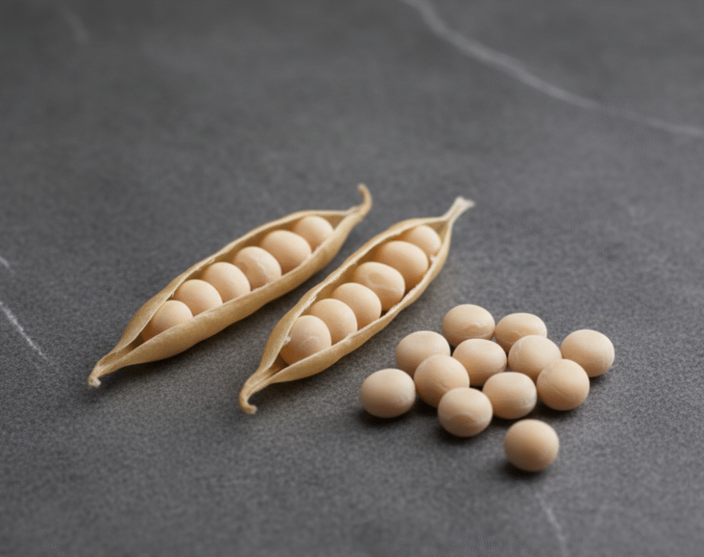 LS Kalina pea seeds in dried pods on a smooth grey surface, high-quality pea seeds for professional farming and vegetable production.