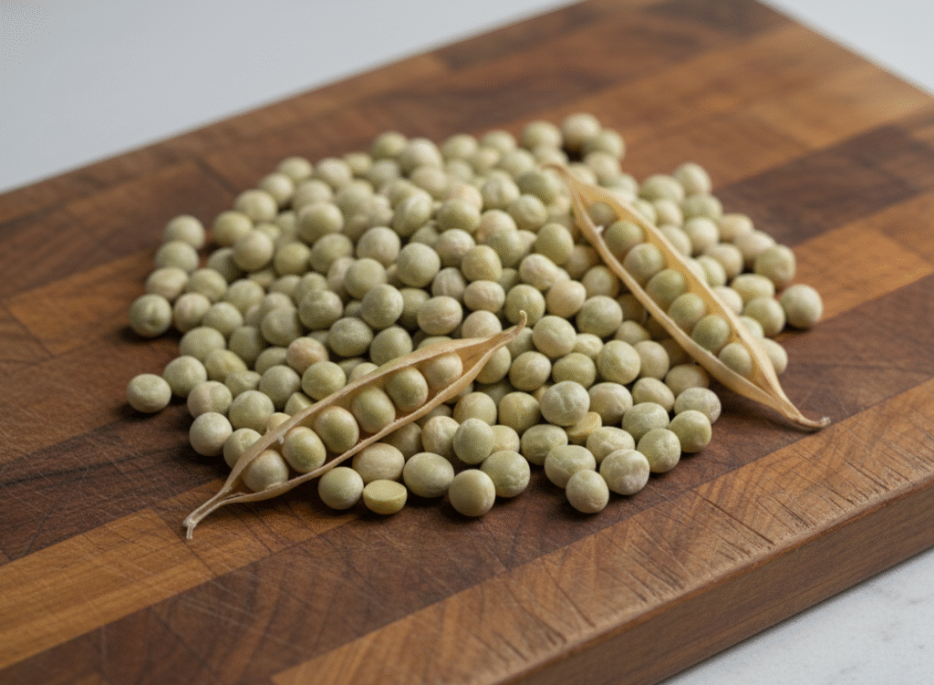 LS Envergure pea seeds and dried pods on a wooden board, premium high-germination pea seeds for agricultural and garden production.