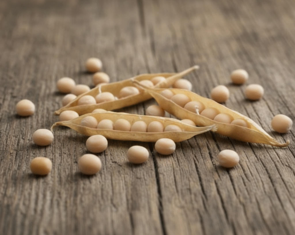 LS Paprika pea seeds in open dried pods on a rustic wooden surface, high-quality agricultural seeds for vegetable farming and crop production.