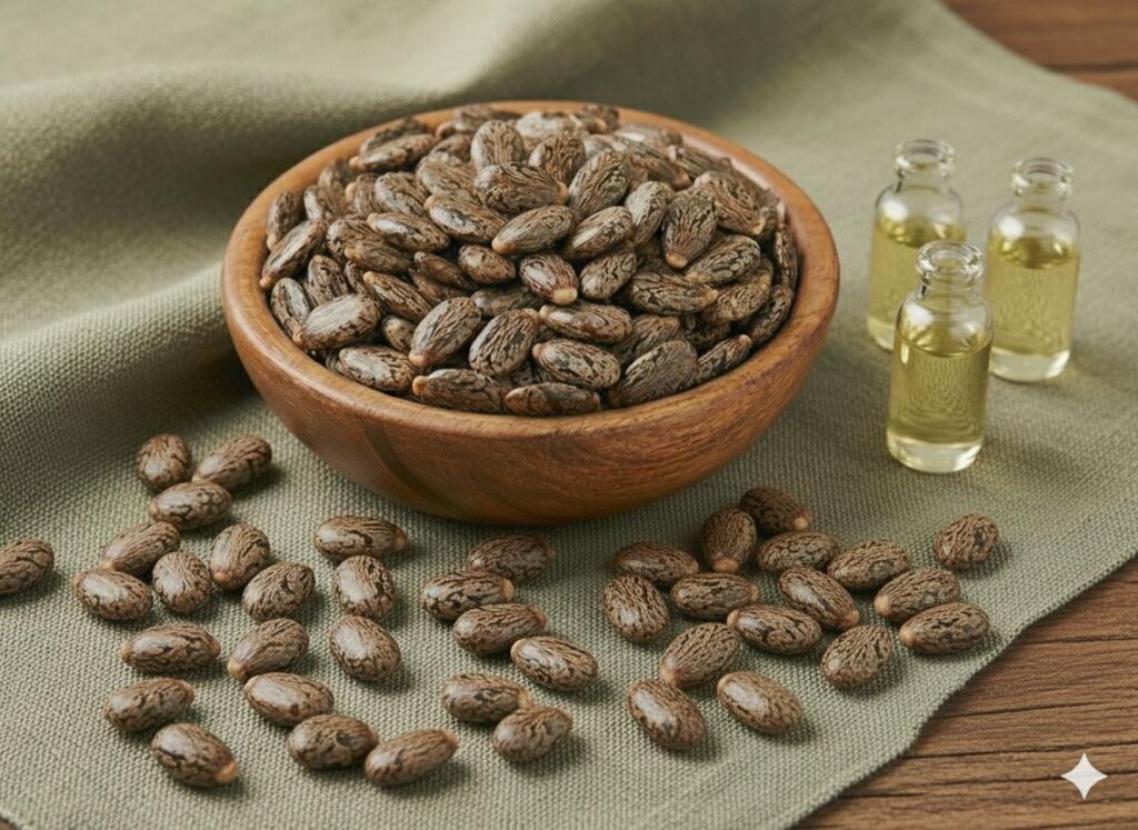 LS Peter castor seeds in a wooden bowl with castor oil bottles on a fabric background, premium castor bean seeds for high-oil agricultural production.