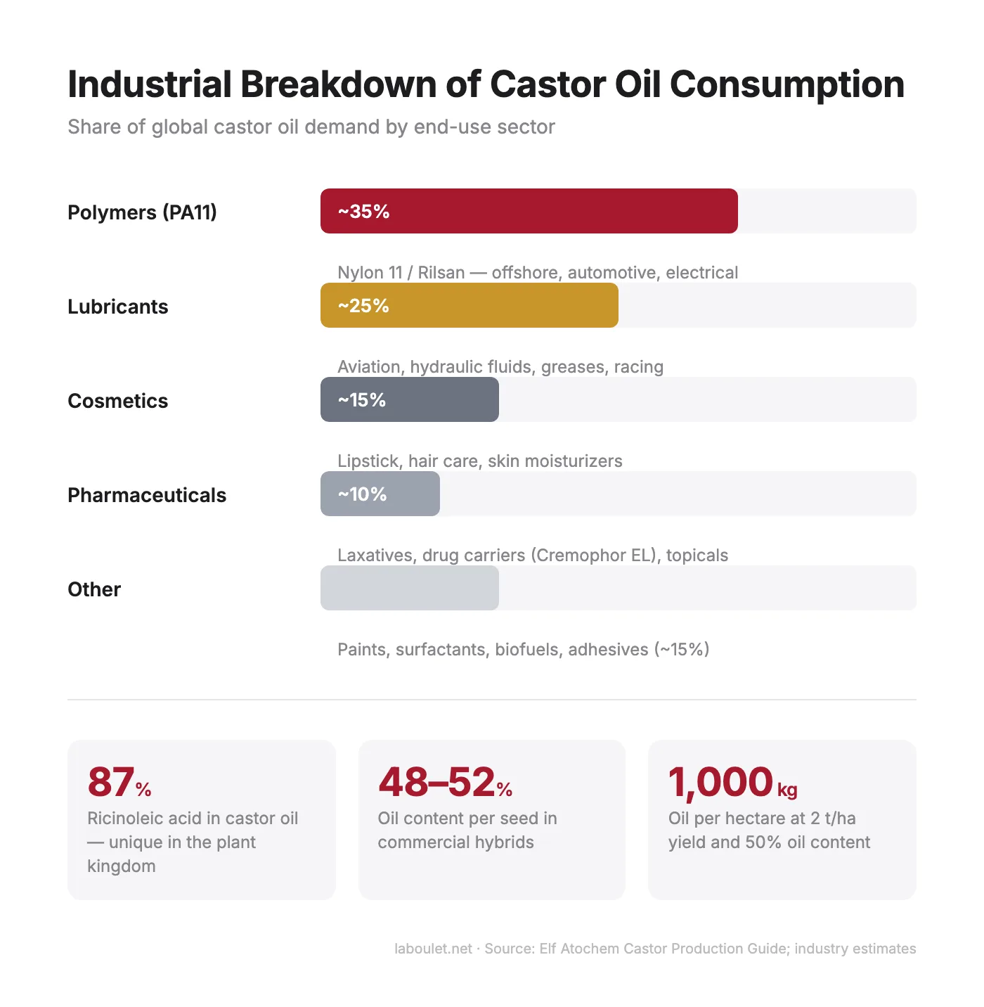Chart showing the main industrial applications of castor oil: polymers 35%, lubricants 25%, cosmetics 15%, pharma 10%, other 15%